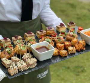A waitress holding canapés