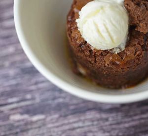 A close shot of a sticky toffee pudding 